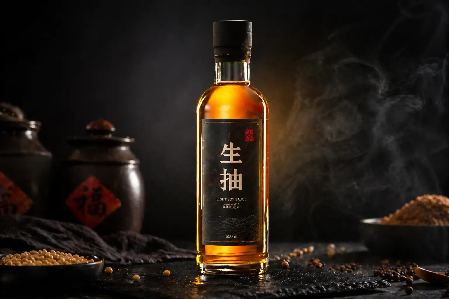 Chinese bottle labels with characters closeup