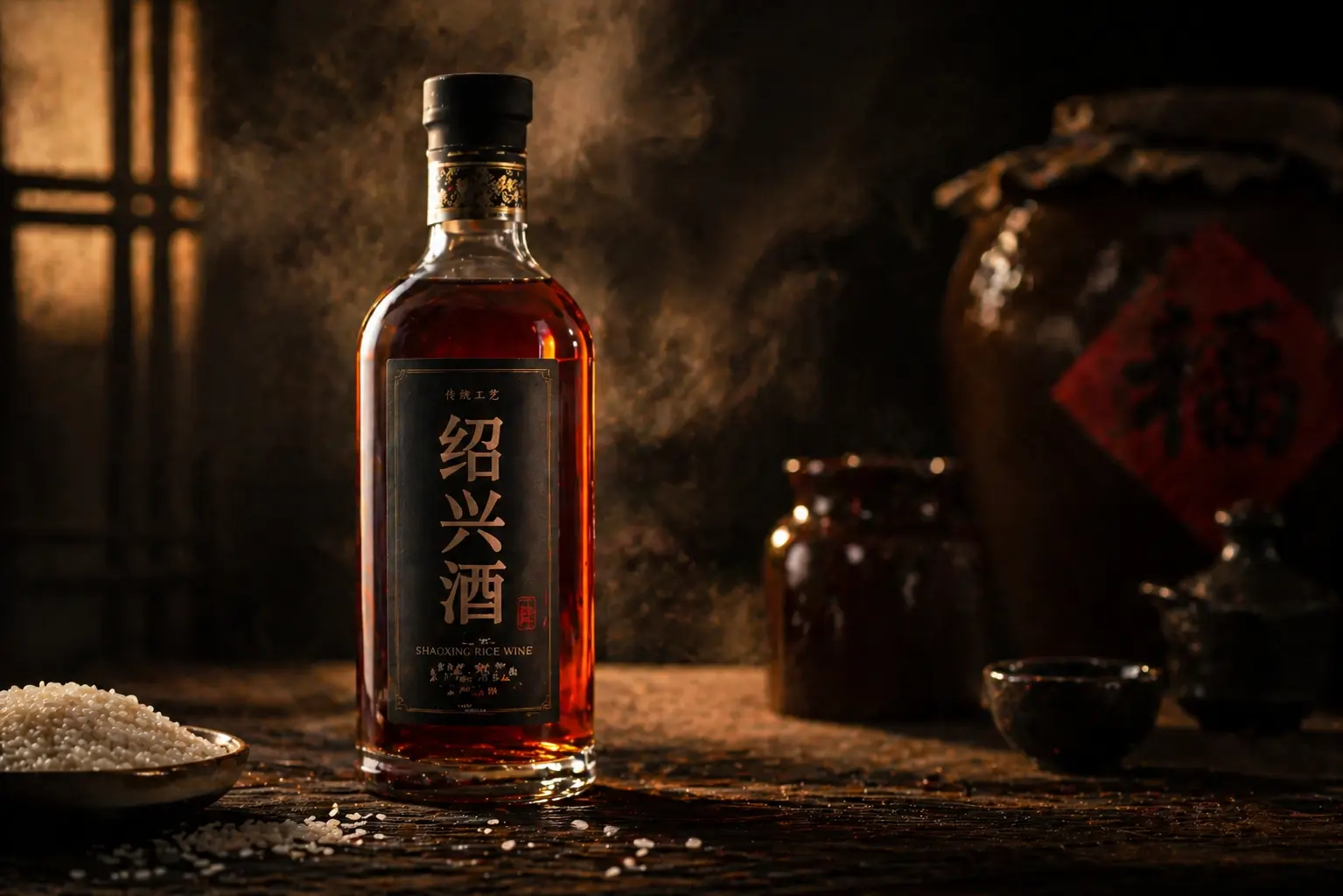 Shaoxing wine bottle with amber liquid