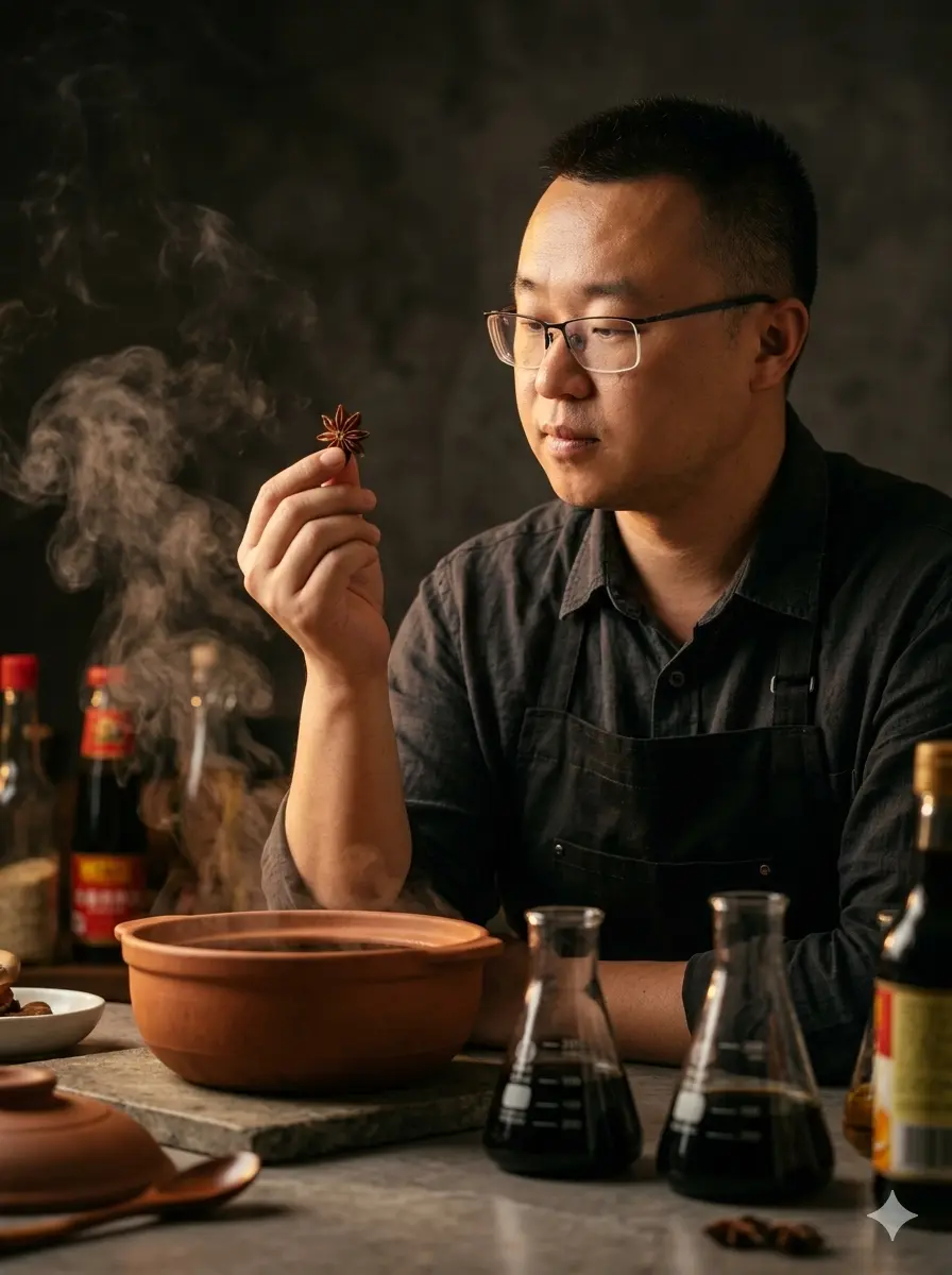 Mike Sang studying Chinese spices and sauces at the Missing Umami test kitchen